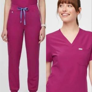 Figs Set High Waisted Zamora Pants & Catarina Scrub Top in Raspberry Sorbet